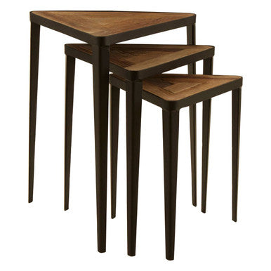 Elmo Elm Wood and Iron Set Of 3 Triangular Tables