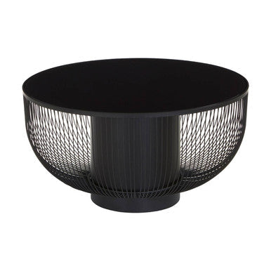 Black Glass Top Round Coffee Table with Matte Black Cylindrical Wireframe Base, Trento