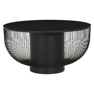 Black Glass Top Round Coffee Table with Matte Black Cylindrical Wireframe Base, Trento