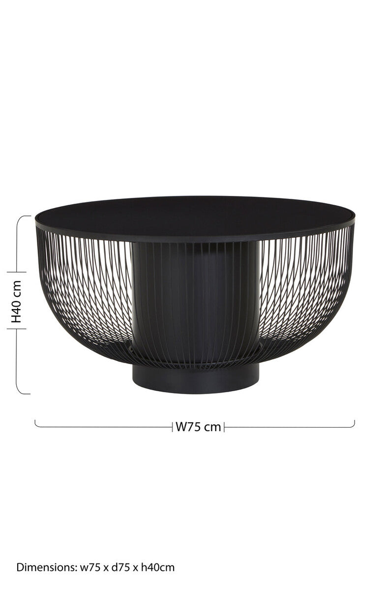Black Glass Top Round Coffee Table with Matte Black Cylindrical Wireframe Base, Trento