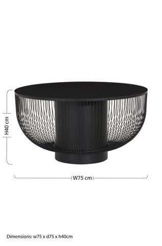 Black Glass Top Round Coffee Table with Matte Black Cylindrical Wireframe Base, Trento