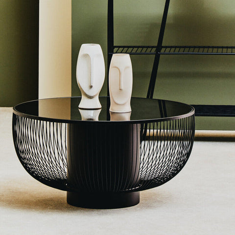 Black Glass Top Round Coffee Table with Matte Black Cylindrical Wireframe Base, Trento