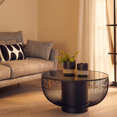 Black Glass Top Round Coffee Table with Matte Black Cylindrical Wireframe Base, Trento