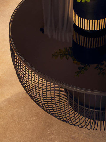 Black Glass Top Round Coffee Table with Matte Black Cylindrical Wireframe Base, Trento