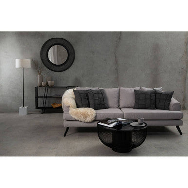 Black Glass Top Round Coffee Table with Matte Black Cylindrical Wireframe Base, Trento