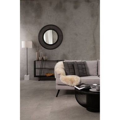 Black Glass Top Round Coffee Table with Matte Black Cylindrical Wireframe Base, Trento