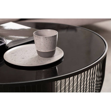 Black Glass Top Round Coffee Table with Matte Black Cylindrical Wireframe Base, Trento