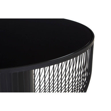 Black Glass Top Round Coffee Table with Matte Black Cylindrical Wireframe Base, Trento
