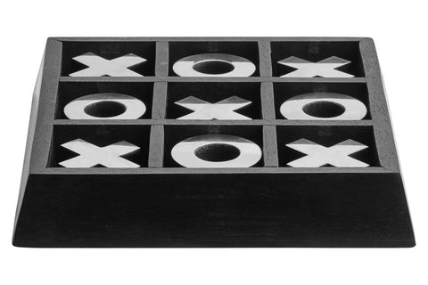 Black mango wood tic tac toe board with silver x and o pieces from churchill games mango wood noughts set