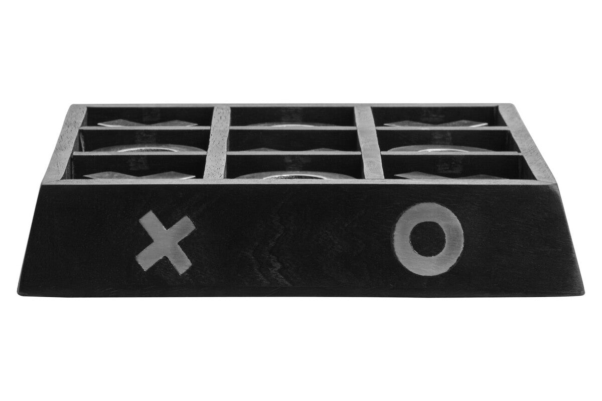 Churchill Games black mango wood noughts and crosses set with matte finish and white x and o symbols on front