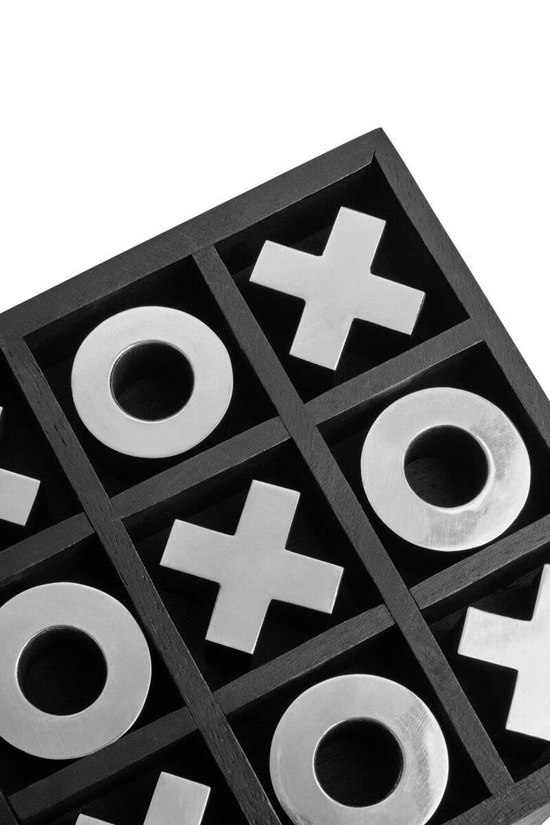 Black mango wood tic tac toe board with silver metallic x and o pieces from churchill games mango wood noughts