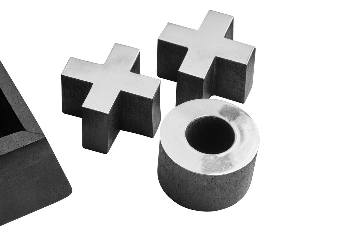 Black and silver metallic tic-tac-toe pieces with cross circle and triangle design for churchill games black mango wood noughts