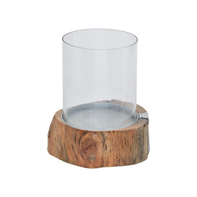 Almora Small Acacia and Glass Hurricane Candle Holder