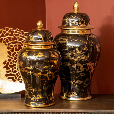 Marmo Large Marble Effect Black and Gold Ceramic Jar
