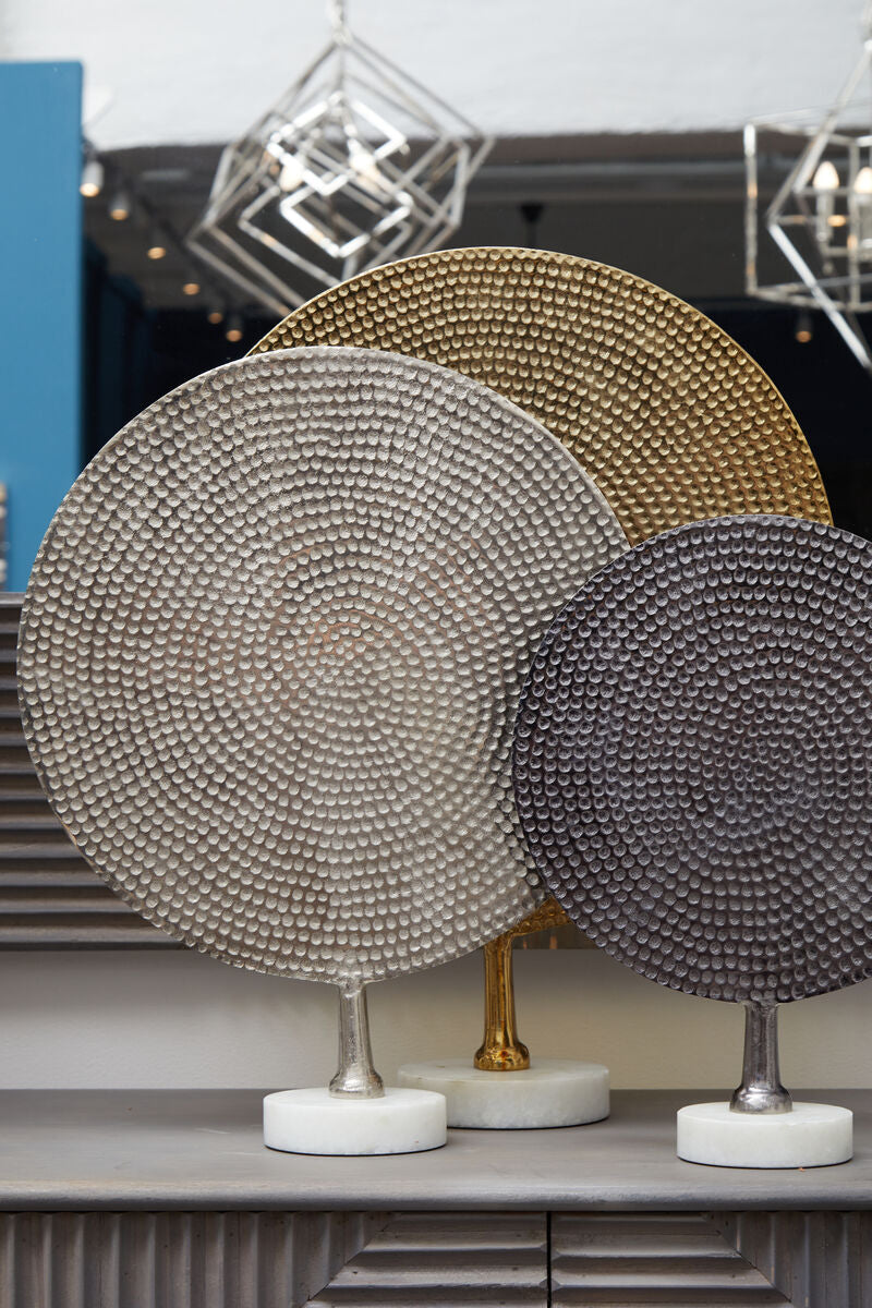 Elias Set Of 3 Hammered Metal Disc Sculptures with Marble Base