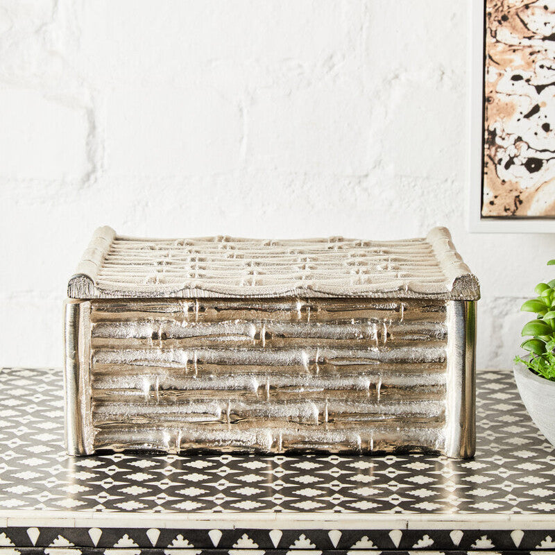 Hiba Large Silver Finish Bamboo Effect Trinket Box