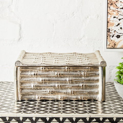Hiba Large Silver Finish Bamboo Effect Trinket Box