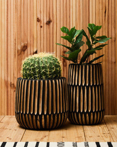 Arlo Large Engraved Natural And Black Wooden Planter