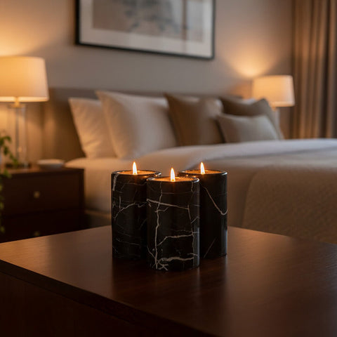 Salmo Set Of Three Black Marble Tealight Holders
