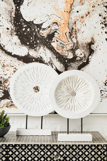 Fidel Distressed White Carved Wood Large Round Sculpture