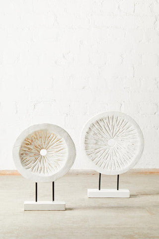 Fidel Distressed White Carved Wood Large Round Sculpture