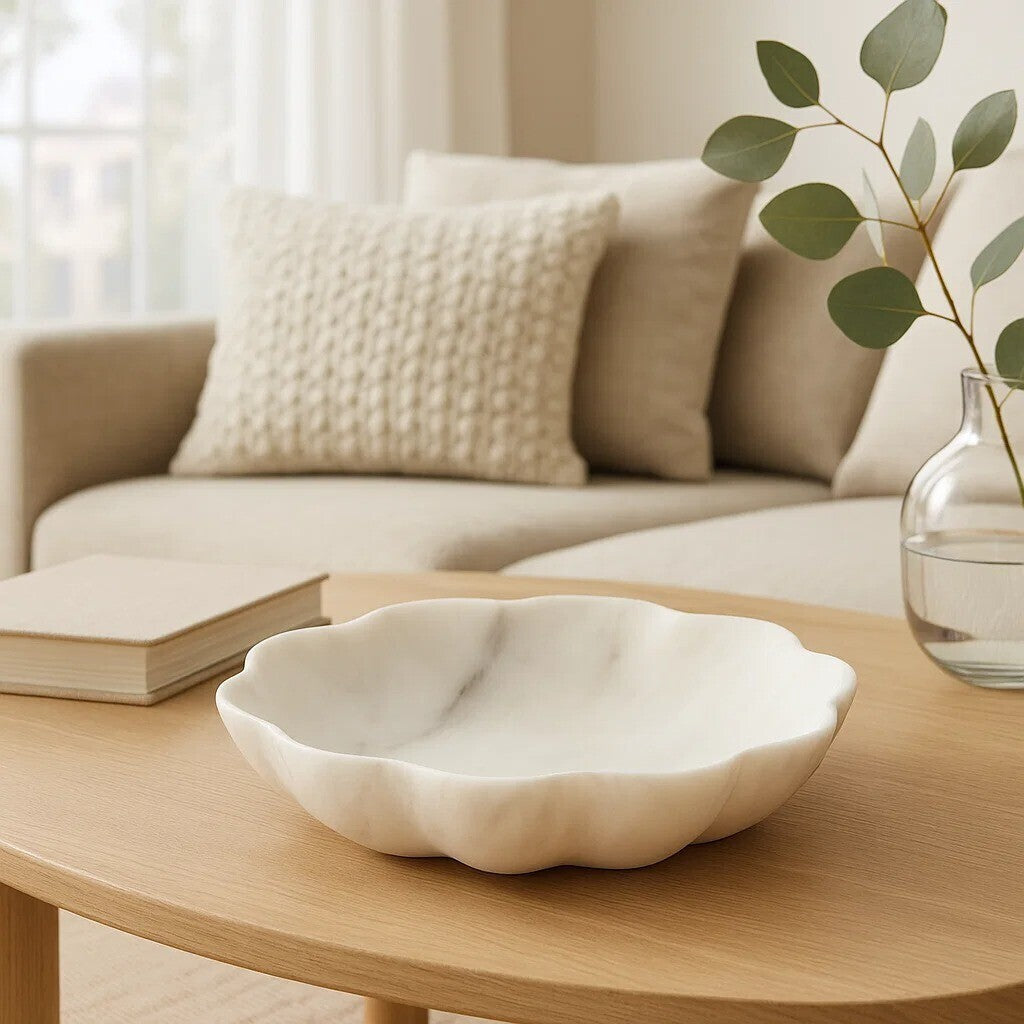 Zoro Medium White Marble Scalloped Bowl