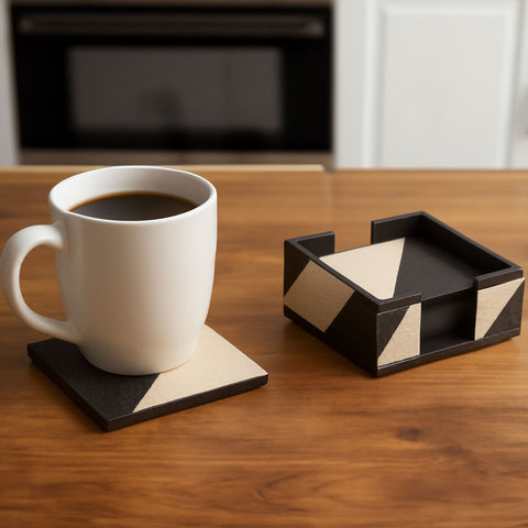 Ezra Set Of Four Black And White Coasters With Holder