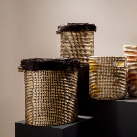 Bora Set of 2 Seagrass Baskets with Faux Fur Trim