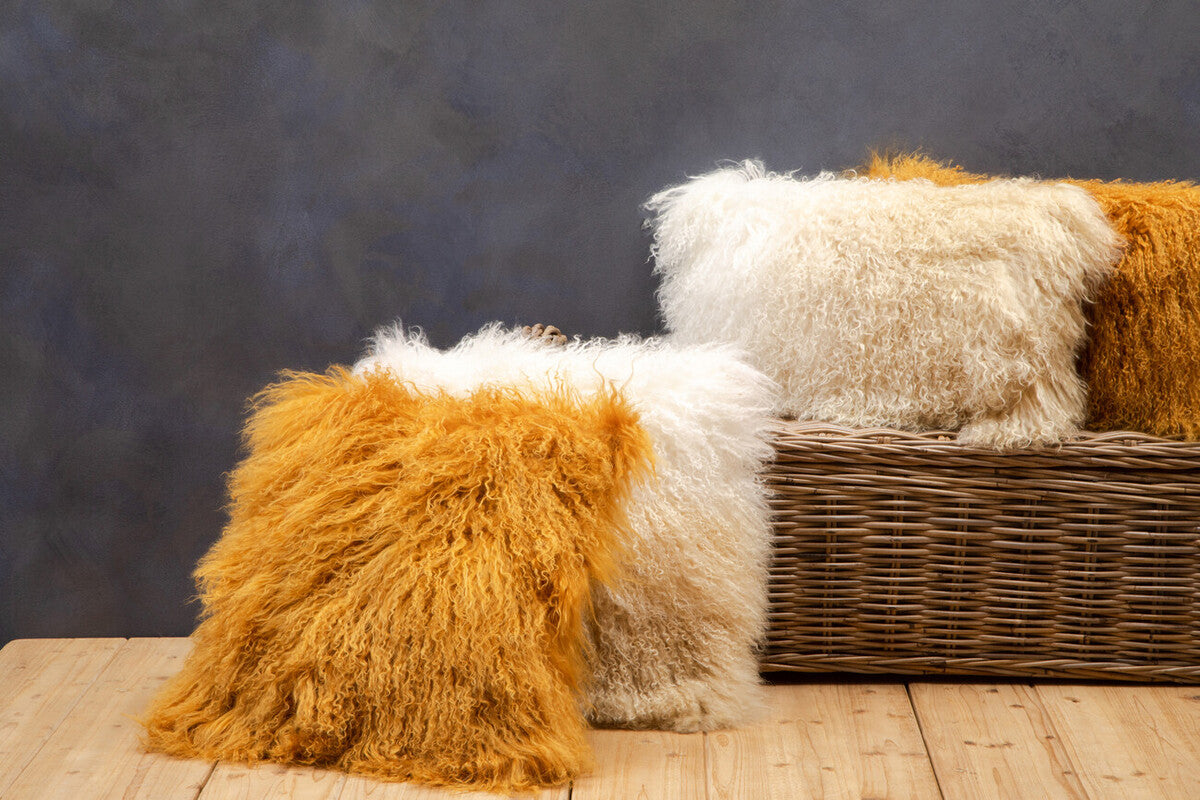 Bosie Real Mongolian Fur Ochre Rectangular Cushion