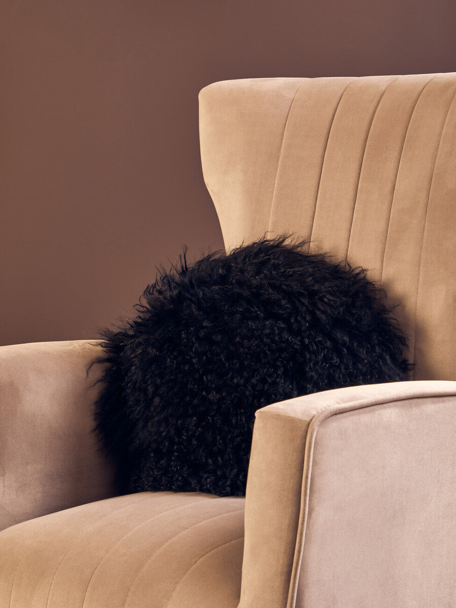 Bosie Real Mongolian Fur Black Round Cushion
