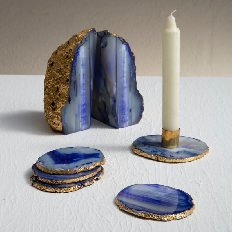 Bowerbird Agata Blue And Gold Candle Holder