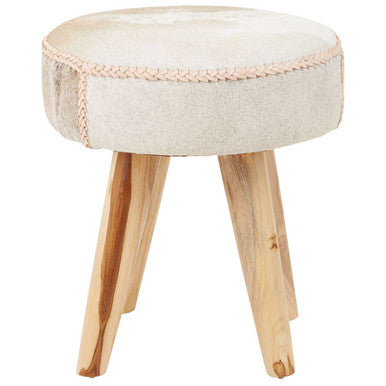 Kendari Hair on Leather and Teak Stool