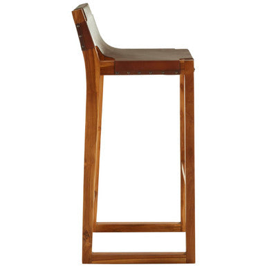 Kendari Brown Leather Bar Chair with Teak Wood Frame