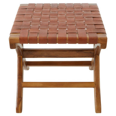 Kendari brown woven leather stool with brown woven leather seat and wooden legs perfect for seating