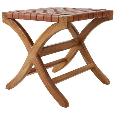 Kendari brown woven leather stool with brown woven leather wrapped seat on a light wood x-frame base