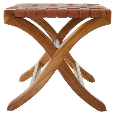 Kendari brown woven leather stool with brown woven leather seat and x-frame wooden legs for seating