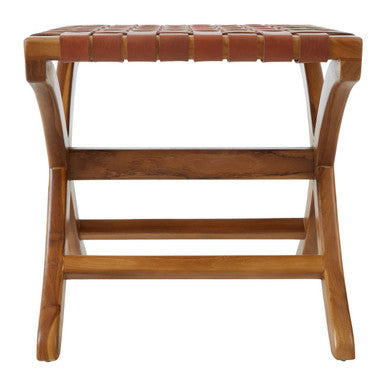 Kendari brown woven leather stool with brown woven leather seat strap and curved wooden legs in brown leather wrap