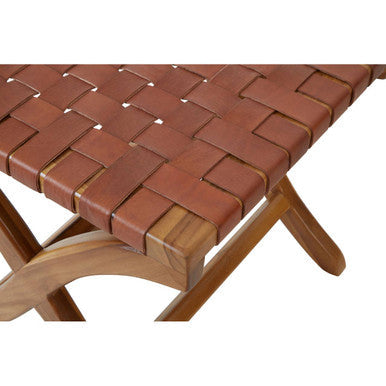 Kendari brown woven leather stool featuring a brown woven leather seat with wooden legs for stylish seating