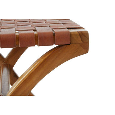 Kendari brown woven stool featuring a brown woven leather seat with wooden legs for stylish seating