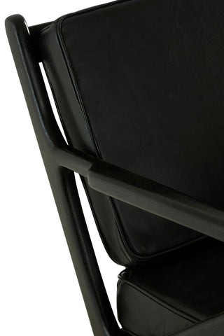 Kendari Black Leather and Teak Wood Frame Armchair