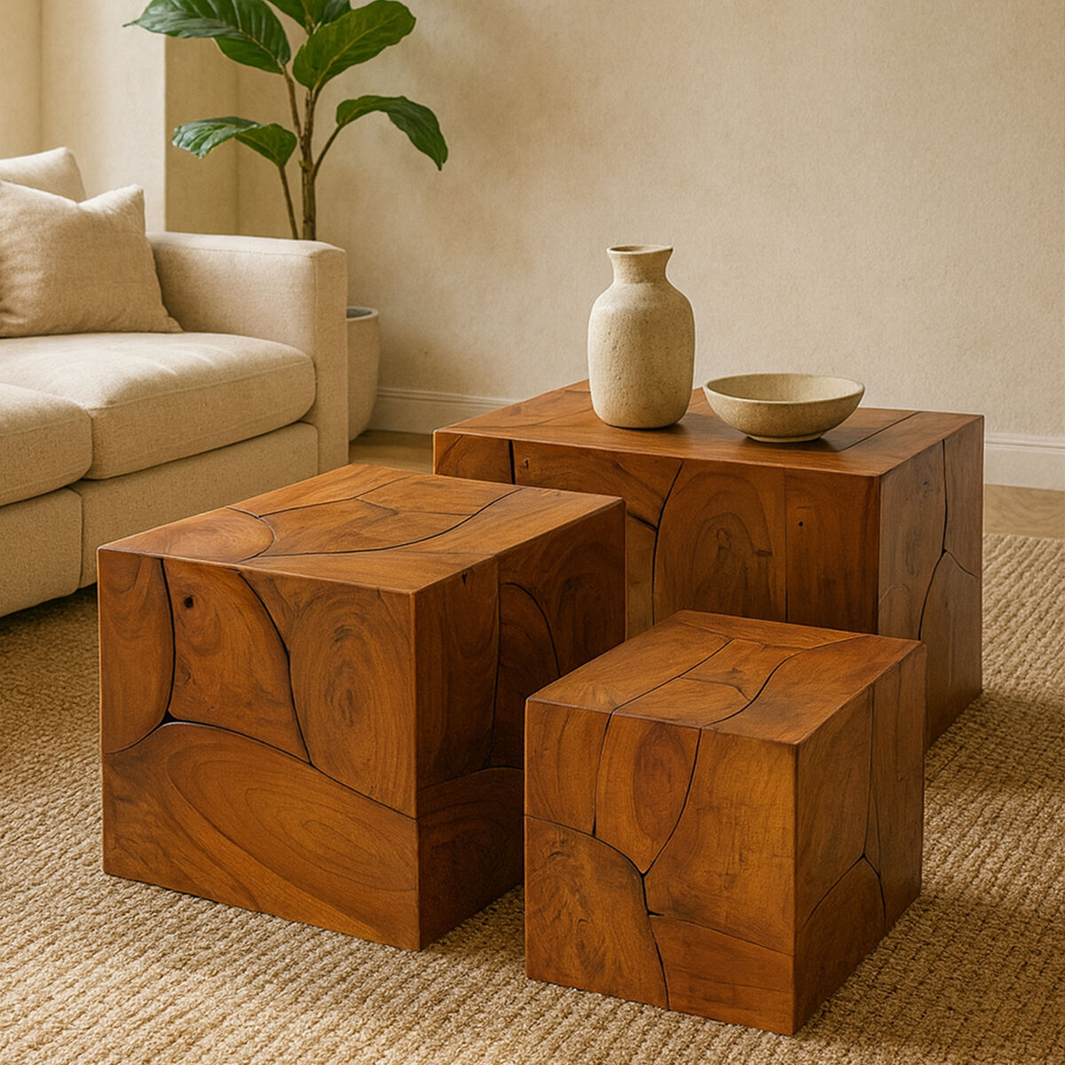 Surak Set of 3 Solid Teak Wood Side Tables and Stools