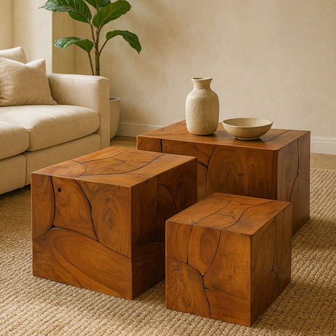 Surak Set of 3 Solid Teak Wood Side Tables and Stools