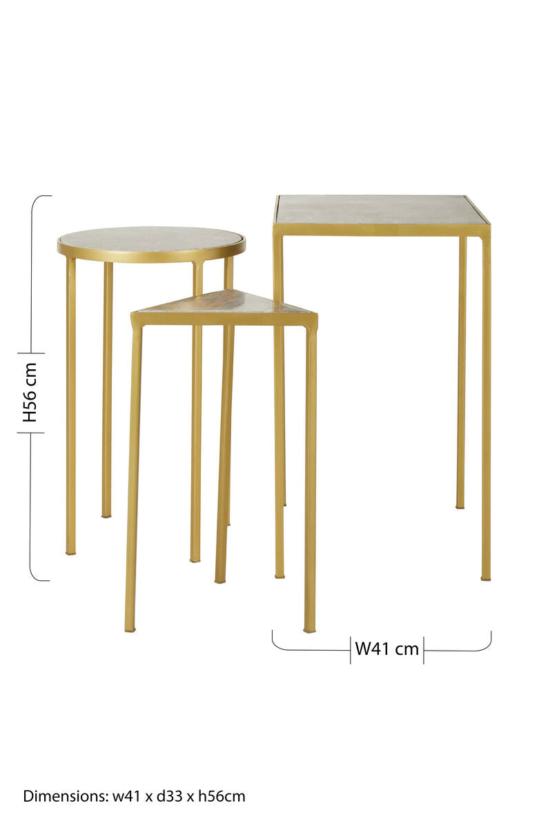 Rabia Grey Marble and Antique Brass Finish Set Of 3 Nesting Tables