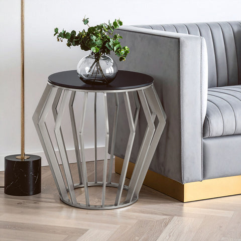 Ackley Silver Round Side Table with Black Glass