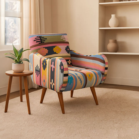 Cefena Multi Coloured Fabric Chair With Mango Wood Legs
