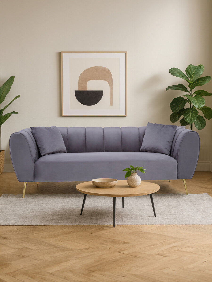 Florine Three Seater Grey Velvet Sofa