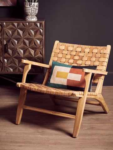 Inca Brown Leather and Teak Wood Lattice Design Armchair
