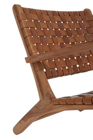 Inca Brown Leather and Teak Wood Lattice Design Armchair