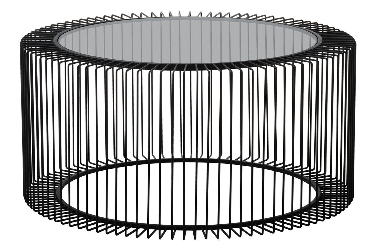 Tempered Glass Top Round Coffee Table with Black Wireframe Cage Design Base, Trento