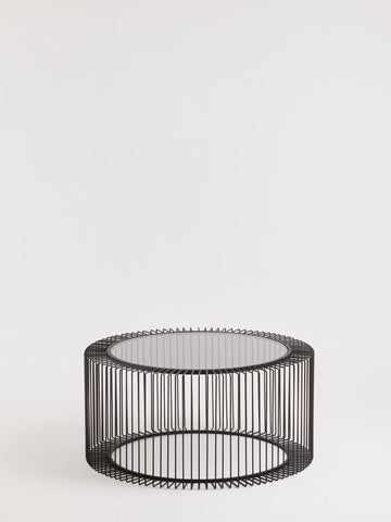 Tempered Glass Top Round Coffee Table with Black Wireframe Cage Design Base, Trento